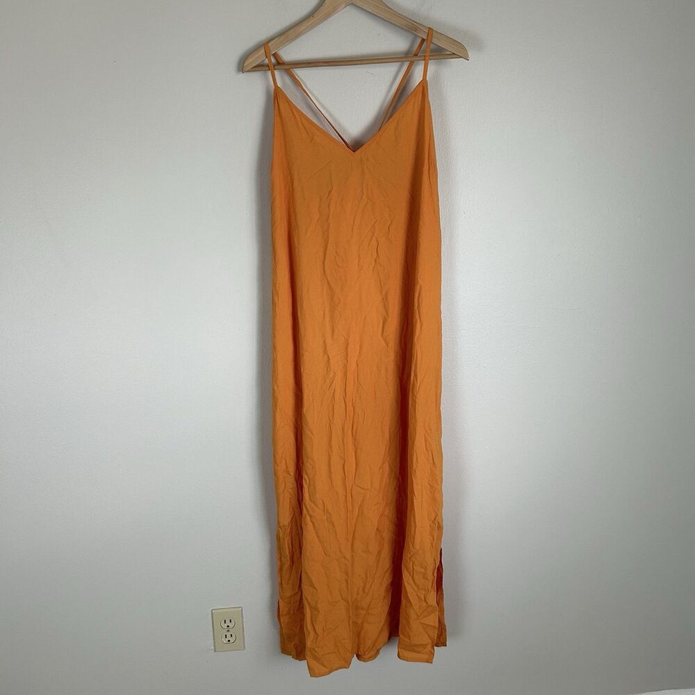 Old Navy 2X Orange Midi Dress Slip Shift V-neck Sleeveless Rayon Strappy